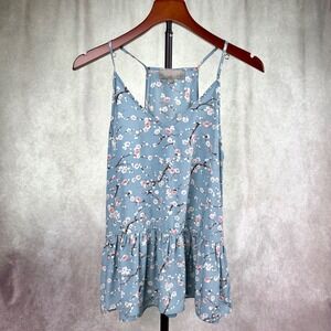 Blue Cherry Blossom Floral Print Cami Babydoll Tank Top Medium Coquette Fairy
